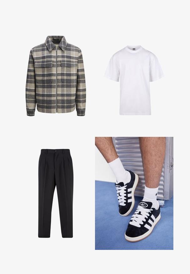 Pilkas, smulkiai raštuotas švarkas, pagamintas iš vilnos, su apykakle, priekiniais užtrauktukais ir dviem krūtinės kišenėmis. Turi neformalią, dėžutę primenančią siluetą.; Balta medvilnės marškinėliai su apvaliu iškirpimu, trumpomis rankovėmis ir laisvu siluetu. Turi paprastą dizainą be raštų ar akcentų.; Juodi kelnių su raukšlėtu priekiu dizainu, pagaminti iš lygaus audinio. Su mygtuko užsegimu ir diržo kilpomis; tiesios kojų formos.; Juodos zomšos sportbačiai su baltais raišteliais ir trimis baltais dryžiais. Ant liežuvėlio yra apvalus juodas logotipas, o pado medžiaga – guminė.