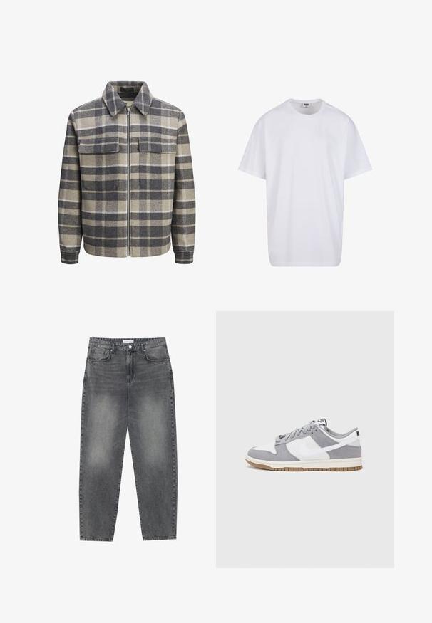 Karirana jakna v sivi, bež in beli barvi. Narejena iz volne z ovratnikom, sprednjim zadrgo in dvema žepoma na prsih. Ima sproščen, kvadraten kroj.; Bela bombažna majica s kratkimi rokavi, okroglim izrezom, sproščenim krojem in brez vidnih logotipov ali vzorcev. Gladka tekstura in minimalen dizajn.; Visoko pasovi, široke kavbojke iz obledelog črnega denima. Imajo pet žepov, zanke za pas in čisto, ravno obliko nog. ; Sive in bele teniske s suknim in usnjem zgornjim delom, zaobljenim nosom, ravnimi vezalkami in gumijastim podplatom z dodatkom gumijaste barve.