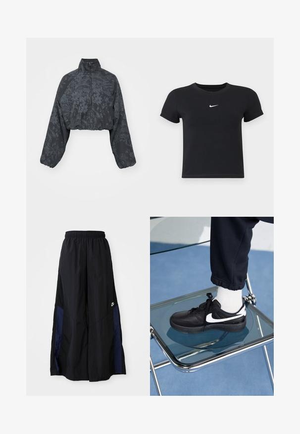 Chaqueta negra recortada con mangas largas, que presenta un patrón floral texturizado y un cuello alto. Incluye un cierre frontal y un dobladillo elástico.; Camiseta negra de manga corta hecha de algodón con un cuello redondo. Presenta un logo blanco de Nike en el pecho, diseño minimalista y forma ajustada.; Pantalones de pierna ancha negros, confeccionados en una tela ligera, con un panel lateral azul marino y una cinturilla elástica. Logotipo blanco pequeño en la parte inferior.; Zapatillas Nike negras con acentos blancos, con una textura de cuero suave, diseño de cordones y punta redondeada, colocadas sobre una silla de cristal.