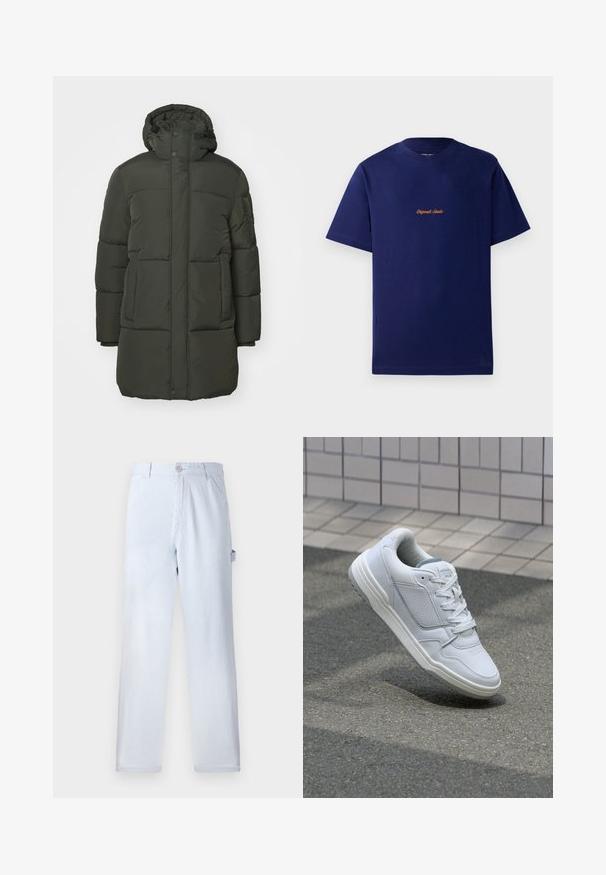 Parka acolchada de color verde oscuro con capucha, que cuenta con cierre de cremallera y botones a presión, dos bolsillos frontales y una textura acolchada.; Camiseta de algodón azul marino con mangas cortas. Presenta un pequeño logotipo bordado en naranja en el pecho. Diseño clásico de cuello redondo.; Pantalones rayados de color azul claro hechos de algodón. Diseño de pierna recta, con cierre de botón en la parte delantera y bolsillos laterales. Textura suave.; Zapatilla blanca de cuero con lados perforados, acentos texturizados, cordones planos y un talón gris en contraste. Presenta una suela ligeramente elevada.