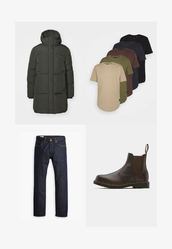 Dunkelgrüne gepolsterte Parka mit Kapuze, ausgestattet mit einem Reißverschluss und Druckknopfverschluss, zwei Fronttaschen und einer gesteppten Textur.; Fünf T-Shirts in verlaufenden Farben angeordnet: beige, oliv, braun, dunkelblau und schwarz. Hergestellt aus weicher Baumwolle mit kurzen Ärmeln und Rundhalsausschnitt.; Dunkelblaue Jeans aus Denim mit geradem Bein, orangefarbener Naht und Fünf-Taschen-Stil sowie einer Metallknopfverschluss.; Braune Leder-Chelsea-Boots mit elastischen Seiteneinsätzen, strukturiertem Absatz und kontrastierender gelber Naht. Mit einer Ziehlasche für ein einfaches Anziehen.