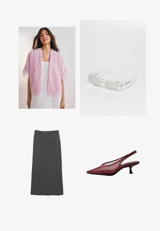 Lyserød, fluffy cardigan med et struktureret, frynse-lignende design. Korte ærmer, åben front, båret over en hvid mønstret kjole.; Mørkegrå strikket sweater med V-hals-design, der har korteærmer over en hvid kravebluse. Teksturen er ribbet med et lagdelt look.; Grå uld maxi-skjørt med lige pasform og elastisk talje, der har en blød tekstur og en glat overflade. Ingen synlige mønstre eller detaljer.; Burgundy slingback pumps med spids tå og mesh-overdel. Har en slank hæl og udskæringsdesign, der giver en elegant silhuet.; Klare plastiksolbriller med grå linser, rektangulær form, prægede "Versace" logoer på stængerne, der fremviser et moderne design.