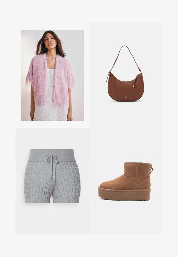 Lyserød, fluffy cardigan med et struktureret, frynse-lignende design. Korte ærmer, åben front, båret over en hvid mønstret kjole.; Kvinde iført en cremet chunky kabelstrikket trøje med høj rund hals og lange pufærmer, stående med den ene hånd i lommen på sorte bukser.; Grå strikkede shorts med et tekstureret design, der har en ribbet linning og justerbar snor. Kort længde, blødt stof.; Tan ruskinds ankelstøvle med platformssål, rund tå og syninger; har en løkke bagpå for nem påtagning.; Brun faux læder skuldertaske med buet form, minimal syning og en guldtonet hardwaredetalje. Har en top lynlåslukning og justerbar rem.