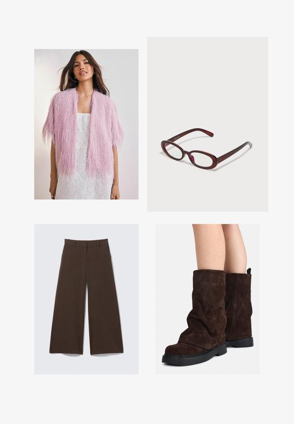 Lyserød, fluffy cardigan med et struktureret, frynse-lignende design. Korte ærmer, åben front, båret over en hvid mønstret kjole.; Brun fuzzy striktrøje med lange ærmer, en høj ribbet krave og en knaplukning med seks sorte knapper foran og på manchetterne.; Brune stribede vide ben bukser med bæltesløjfer, frontlynlås og sidelommer, lagt fladt på en lys baggrund.; Brune ruskind støvler til midt på læggen med sorte gummisåler, båret på bar ben, med let rynkning på støvleskaftet.; Ovale røde solbriller med klare linser og slanke brune stel. Designet har subtile kurver og minimalt hardware.