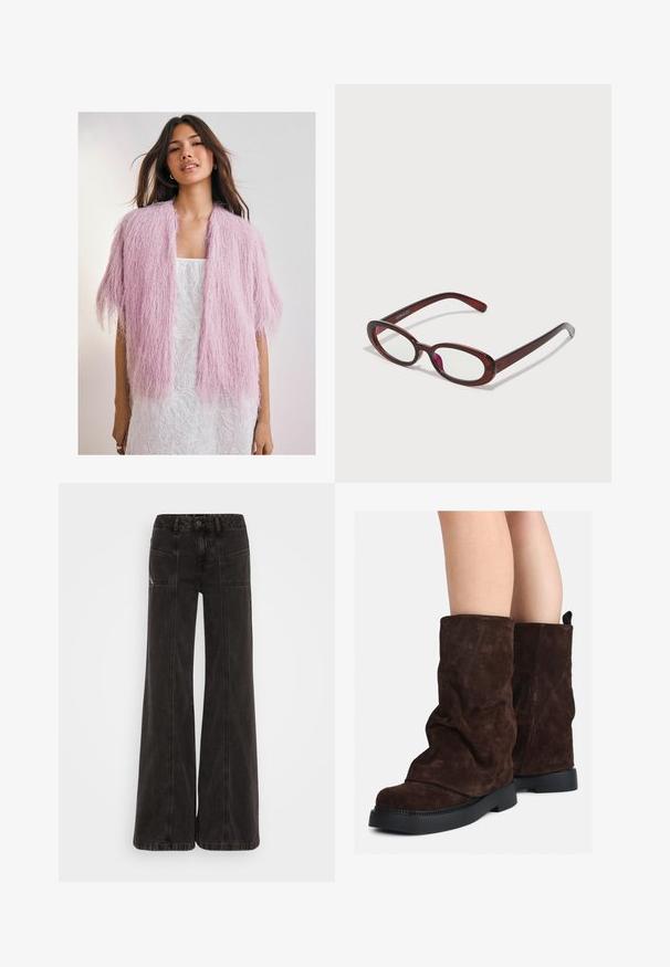 Lyserød, fluffy cardigan med et struktureret, frynse-lignende design. Korte ærmer, åben front, båret over en hvid mønstret kjole.; Lys grøn langærmet skjorte med knaplukning foran, krave, tekstureret stof og slipse detaljer ved manchetterne. Lige kantdesign.; Sorte vide ben jeans lavet af denim, med høj talje, frontlommer og tonet syninger langs sømmene.; Brune ruskind støvler til midt på læggen med sorte gummisåler, båret på bar ben, med let rynkning på støvleskaftet.; Ovale røde solbriller med klare linser og slanke brune stel. Designet har subtile kurver og minimalt hardware.