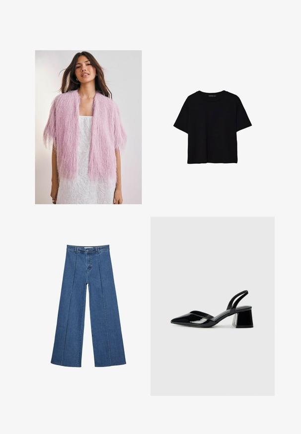 Rosa flauschige Strickjacke mit einem strukturierten, fransigen Design. Kurze Ärmel, offene Vorderseite, getragen über einem weißen gemusterten Kleid.; Schwarzes, kurzärmeliges, bauchfreies T-Shirt mit rundem Halsausschnitt und einfachem Design, flach auf weißem Hintergrund liegend.; Weite Jeans aus Denim in Mittelblau, mit hoher Taille, Knopfverschluss und kontrastierenden vertikalen Nahtdetails an der Vorderseite.; Schwarze Lackleder-Slingback-High Heels mit spitzem Schuh und einem geometrischen Blockabsatz. Verfügt über ein schlankes, minimalistisches Design und eine glatte Textur.