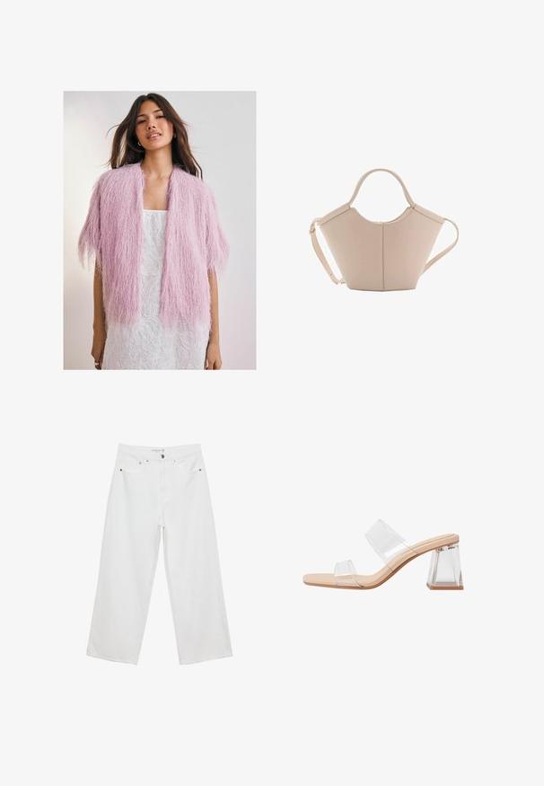 Ružový nadýchaný kardigán s textúrovaným, franjovým dizajnom. Krátke rukávy, otvorený predok, nosený cez bielu vzorovanú šaty.; Biele tričko s krátkym rukávom a okrúhlym výstrihom, vyrobené z mäkkého bavlneného materiálu, s jednoduchým a čistým dizajnom bez viditeľných vzorov alebo doplnkov.; Biele široké džínsy z denimu s vysokým pásom, vybavené piatimi vreckami a kovovými doplnkami. Hladká textúra, žiadne viditeľné vzory.; Priesvitné sandále na podpätku s dvomi priehľadnými popruhmi, béžovým základom a geometrickým priehľadným blokovým podpätkom. Minimalistický dizajn s hladkou textúrou.; Béžová kožená kabelka s unikátnym tvarom, vybavená dvoma krátkymi uchami a jedným dlhým nastaviteľným popruhom. Hladký povrch s minimálnym kovovým príslušenstvom.