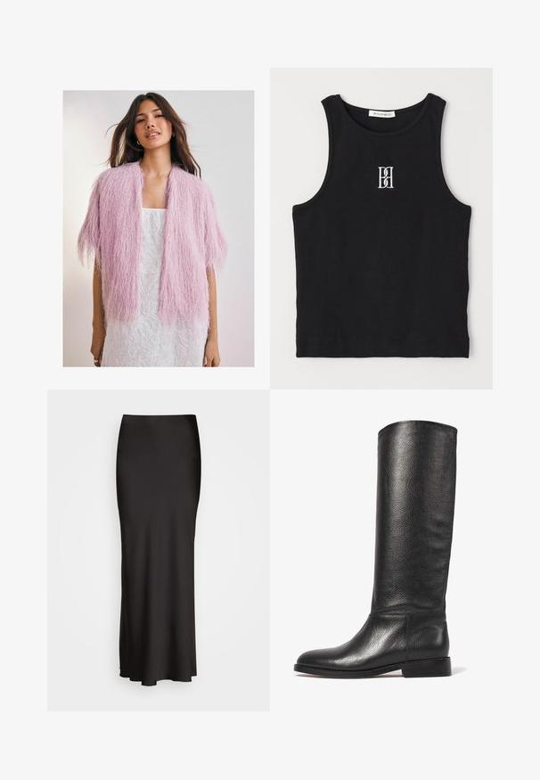 Roosa karvane kardigan tekstuurse, frantsiisitaolise disainiga. Lühikesed varrukad, avatud ees, kantud valge mustriga kleidi üle.; Must räbal top, millel on ümmargune kaelus ja valge tikitud logo. Kangas on siledast tekstuurist ja keha lähedane lõige.; Mustast, põrandani ulatuvast satiinirest, millel on sile tekstuur, sobituv vöökoht ja A-tähe siluett, ilma nähtavate kaunistuste või mustriteta.; Knee-high must katte nahkkingad tekstuuriga pinnaga, ümar varvas, sile varreosa ja madal klotsikeel. Minimalistlik disain, ilma nähtava riistvarata.