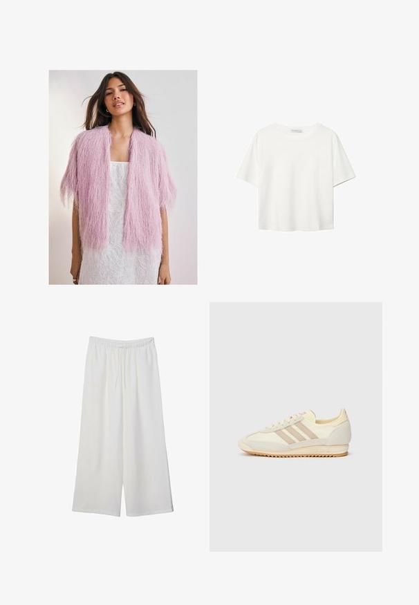 Cardigan rosa fluffy con un design testurizzato simile a frange. Maniche corte, apertura frontale, indossato su un vestito bianco a fantasia.; T-shirt bianco a maniche corte realizzato in cotone. Presenta un collo tondo e una vestibilità rilassata. Texture liscia senza motivi o dettagli visibili.; Pantaloni bianchi a gamba larga realizzati in tessuto leggero, dotati di una vita elastica e di un cordino per una vestibilità regolabile. Texture liscia.; Sneaker sportivo crema con tre strisce beige, materiali in suede e tessuto, suola testurizzata e logo in rilievo sul tallone.