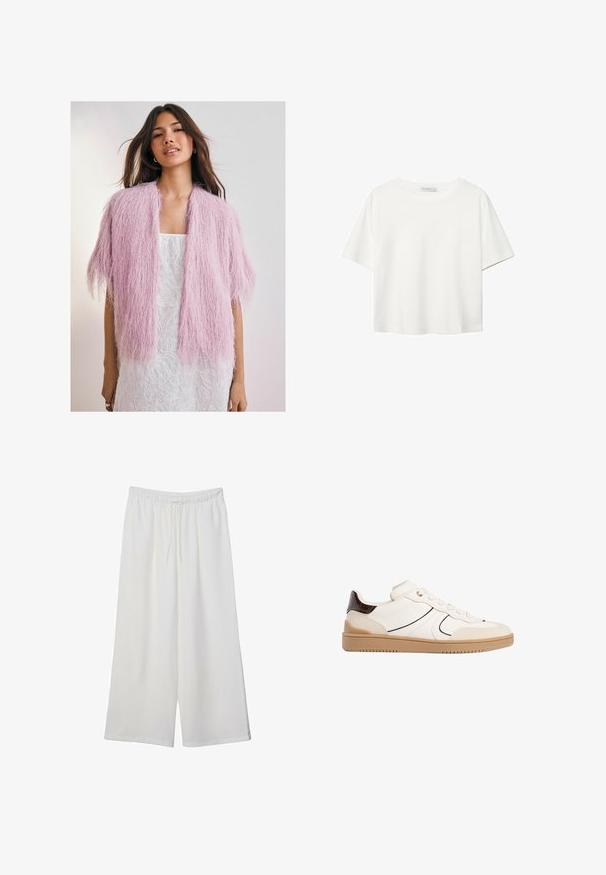 Rosa fluffig kofta med en strukturerad, fransliknande design. Kort ärm, öppen framsida, bärs över en vit mönstrad klänning.; Vit t-shirt med kort ärm i bomull. Har en rundad halsringning och en avslappnad passform. Slät textur utan synliga mönster eller detaljer.; Vita vida byxor i lätt tyg med elastisk midja och dragsko för justerbar passform. Mjuk textur.; Stradivarius Sneakers - white