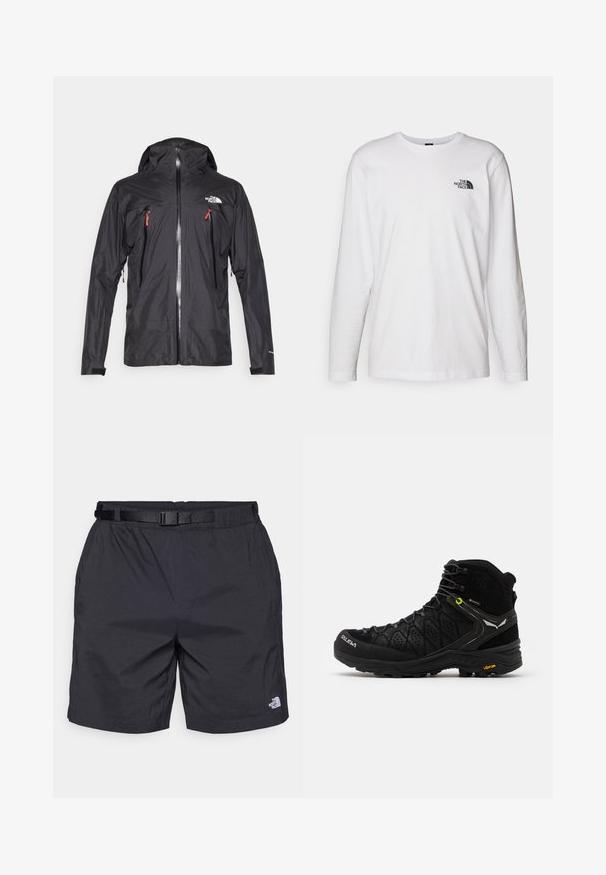Črna vodoodporna jakna s kapuco, dvema žepoma na zadrgo na prsih, srebrno zadrgo, elastičnimi manžetami in logotipom na levem prsnem delu. Gladka tekstura.; Bela dolgimi rokavi majica iz bombaža z okroglim izrezom. Ima majhen črn logotip na prsih. Gladka tekstura, običajen kroj.; Črne lahke kratke hlače z udobnim krojem, ki vključujejo nastavljiv pas, stranske žepe in logo North Face na spodnjem desnem delu noge.; Črne pohodne čevlje z teksturirano zgornjščino, ojačanim prstom in Vibram podplatom. Sistem vezalk vključuje kljuke za varno prileganje.