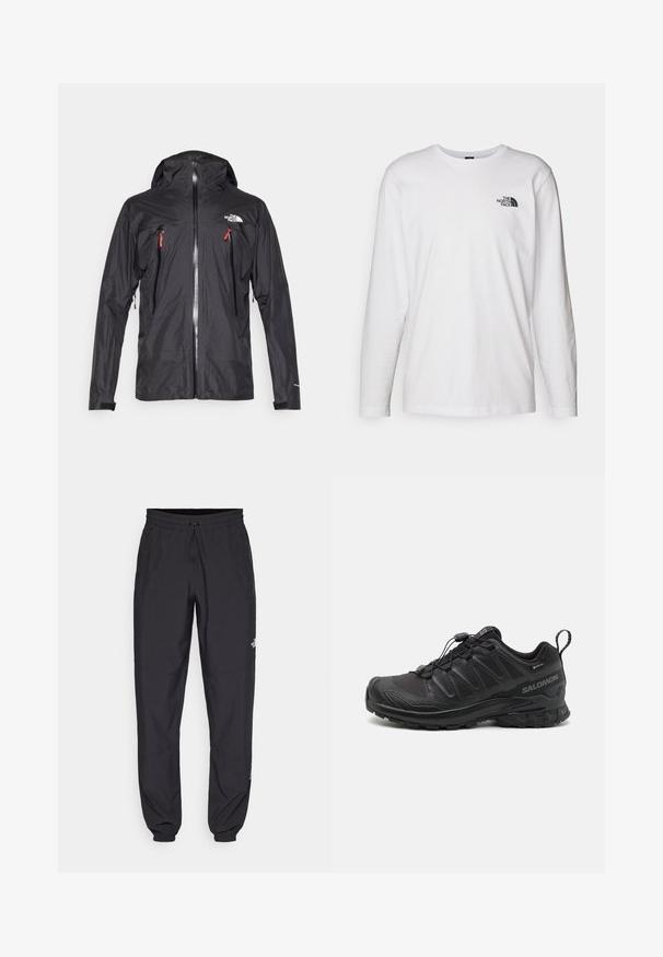 Svart vattentålig jacka med huva, två fickor på bröstet med dragkedja, silverfärgad dragkedja, elastiska ärmslut och en logotyp på vänster bröst. Slät textur.; Vit långärmad T-shirt i bomull med rund halsringning. Har en liten svart logotyp på bröstet. Slät textur, normal passform.; Svarta träningsbyxor tillverkade av lättviktsmaterial, med dragsko i midjan, sidofickor och avsmalnande muddar vid anklarna.; Svart sportskor med en strukturerad syntetöverdel, dämpad sula och ett snabbsnörningssystem. Har förstärkt tå och hälen.
