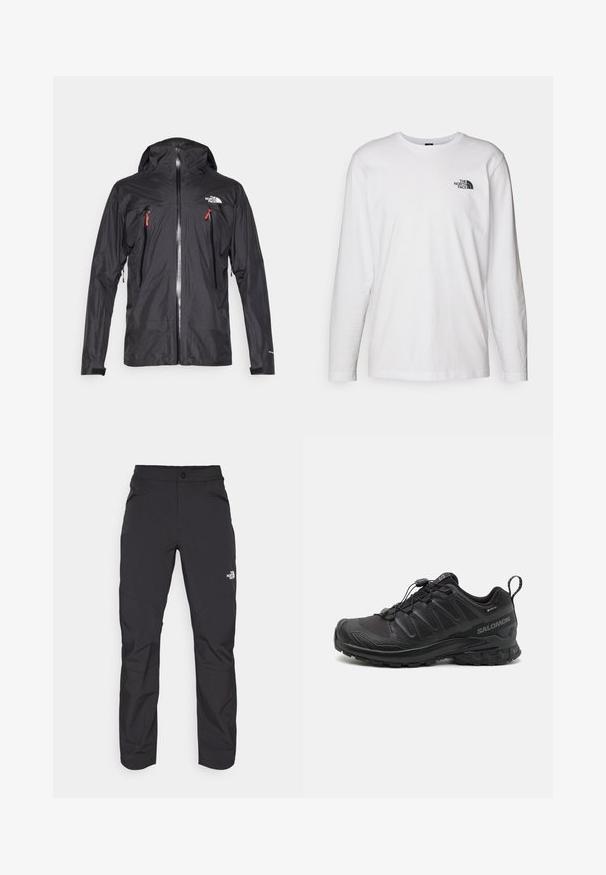Chaqueta negra impermeable con capucha, dos bolsillos en el pecho con cremallera, cremallera plateada, puños elásticos y un logo en el lado izquierdo del pecho. Textura suave.; Camiseta de manga larga blanca de algodón con cuello redondo. Presenta un pequeño logotipo negro en el pecho. Textura suave, corte regular.; Pantalones exteriores negros con un bolsillo frontal con cremallera, material sintético, piernas ajustadas y paneles de rodilla reforzados. Cuenta con un cierre de botón.; Zapatilla deportiva negra con parte superior sintética texturizada, suela acolchada y sistema de lazado rápido. Cuenta con puntera y talón reforzados.
