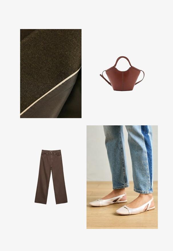 Zwei Schichten Stoff: ein strukturiertes, dunkelbraunes Wolle darüber und ein glattes, dunkles Material darunter, mit einer sichtbaren cremefarbenen Kante.; Brauner Strickpullover mit rundem Halsausschnitt, überschnittenen Schultern und gerippten Bündchen. Weiche Textur, kurzes Design und lockere Passform.; Weite braune Jeans aus Denim, mit hoher Taille, Fronttaschen und klassischem Knopfverschluss. Glatte Textur mit feinen Nähten.; Blassrosa Slingback-Ballerinas mit spitzem Punkt, aus einem glatten, lederähnlichen Material. Mit Ausschnitten an den Seiten und einem flachen Absatz.; Braune Ledertasche mit konischer Form, robusten Trägern und kontrastierenden weißen Nähten. Verfügt über einen abnehmbaren Schultergurt für Vielseitigkeit.