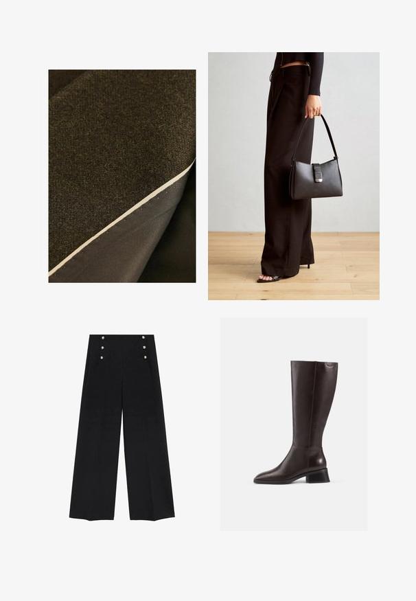 Due strati di tessuto: una lana marrone scuro con trama in cima e un materiale scuro e liscio sotto, con un bordo color crema ben visibile.; Maglione bianco a maniche lunghe, in maglia a coste, con un leggero scollo a barca e orlo dritto.; Pantaloni neri a gamba larga realizzati in tessuto liscio. Presentano quattro bottoni decorativi argentati in vita e un design sartoriale.; Stivali in pelle marrone al ginocchio con finitura liscia, punta arrotondata e tacco nero impilato. Design semplice con dettagli hardware minimi.; Borsa nera con forma strutturata, texture liscia e una chiusura metallica. Abbinata a pantaloni neri larghi e sandali open-toe su un pavimento in legno.