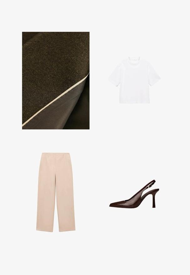 Dva sloja tkanine: teksturirana tamnosmeđa vuna na vrhu i glatki tamni materijal ispod, s vidljivim kremasto-bijelim rubom.; Bijela pamučna majica kratkih rukava s okruglim izrezom. Jednostavan dizajn, slobodan kroj, glatka tekstura. Nema vidljivih uzoraka ili akcenta.; Bež hlače širokih nogavica izrađene od glatkog materijala, s ravnim prednjim dijelom i petljama za remen, bez vidljivih uzoraka ili ukrasa.; Smešani kožni slingback cipele s uskim nosom i tankom petom. Ima malu dekorativnu kopču na remenu i sjajnu završnicu.