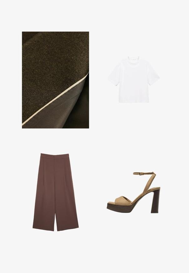 Twee lagen stof: een gestructureerde donkergroene wol bovenop en een gladde donkere stof eronder, met een zichtbare crèmekleurige rand.; Witte katoenen t-shirt met korte mouwen en een ronde hals. Eenvoudig ontwerp, losse pasvorm, gladde textuur. Geen patronen of accenten zichtbaar.; Bruine wijde broek met een gladde textuur, voorzien van een hoge taille en plooien aan de voorkant. De stof is lichtgewicht en valt losjes.; Beige suède hoge hakken sandalen met een brede voorband en enkelband, met een dikke houten blokhak met een gestructureerde afwerking.