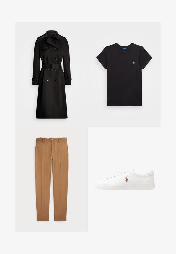 Casaco trench preto feito de tecido suave, apresentando um design de duplo breasted, cintura com cinto, ombreiras e punhos abotoados.; T-shirt de algodão preto com decote redondo, mangas curtas e um logótipo bordado branco no lado esquerdo do peito. Textura suave, design casual.; Calças de algodão castanhas com um design slim-fit, frente lisa e bolsos standard; textura suave e bainhas com acabamento.; Sapatilhas de couro brancas, design de cano baixo, com textura suave, biqueira redonda, atacadores à frente e um pequeno logótipo bordado na lateral.