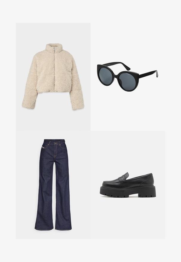 Rövidített, bézs színű kabát, amely texturált, bolyhos anyagból készült, magas gallérral és elöl cipzárral záródik. Hosszú ujjakkal rendelkezik, és nincs látható mintázata.; Két pamut crop top fehér és fekete színben. Mindkettő mély nyakkivágással és vékony vállpántokkal rendelkezik, sima, puha textúrával.; Sötétkék, bő szárú farmernadrág, magas derékkal, narancssárga varrással, öt zsebes kialakítással és gombos zárással.; Fekete bőr loafer-ek alacsony, vaskos gumitalpakkal, varrott díszítéssel a felső részen és sima felülettel.; Fekete, nagy méretű macskaszem alakú napszemüveg, sötét szűrt lencsékkel és fényes műanyag kerettel. Vastag szárakkal rendelkezik a megfelelő tartás érdekében.