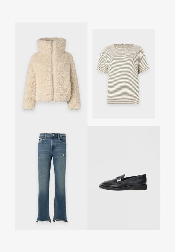 Save the duck KENNIE - Giacca invernale - shore beige; T-shirt a righe, maniche corte, di colore crema con strisce orizzontali nere. Presenta un collo rotondo e una vestibilità comoda. Realizzato in tessuto morbido.; Jeans di denim blu con leggeri segni di usura, orli grezzi sfrangiati, tasche frontali, passanti per cintura e chiusura con bottone.; Mocassino in pelle nera con una fibbia rettangolare argento sulla parte superiore e un tacco basso su uno sfondo bianco.