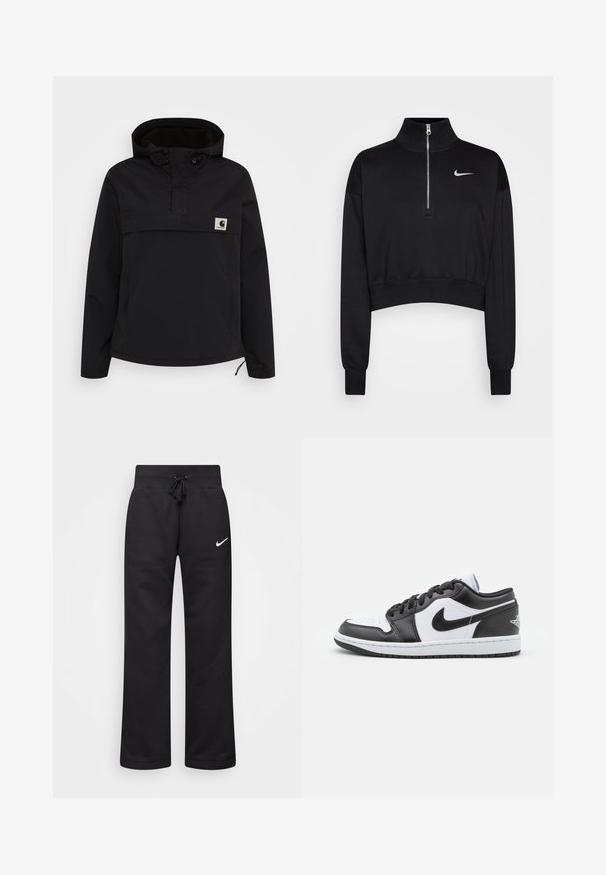 Melnais džemperis ar kapuci un pusi ar rāvējslēdzēju. Iezīmē elastīgas piedurknes, priekšējo kabatu un nelielu logo uzlīmi uz krūtīm.; Melnā īsā svītra ar augstu apkakli, puszipsa aizdare, rievojumu aproces un neliels balts Nike logotips kreisajā krūtī. Mīksta auduma tekstūra.; Melnas treniņbikses, kas izgatavotas no kokvilnas maisījuma, ar regulējamu jostu, taisnām kājām un baltu Nike logo kreisajā pusē.; Melnbalti Nike zemāko sporta apavu modeļi ir ar gludu ādas virsu, apaļu purngalu, saistošo aizdari un rakstainu gumijas zoli.