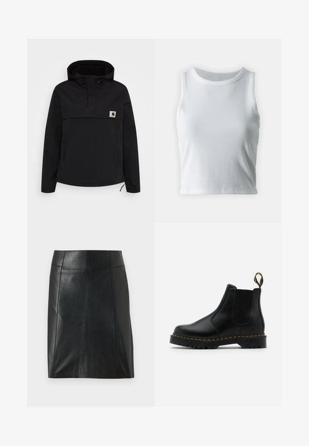 Juodas pūkuotas džemperis su kapišonu ir pusiau užtrauktuku. Yra elastingi rankogaliai, priekinė kišenė ir mažas logotipas ant krūtinės.; Balta raukšlėta liemenėlė be rankovių, su apvaliu iškirpimu, tiesiu apvadu ir lygiu, elastingu audiniu.; Juodas odinis sijonas su prigludusia forma. Sklandžiai tekstūra, siūlės apibrėžiančios formą ir tiesus apvadas. Minimalistiškas ir elegantiškas išvaizda.; Juodi odiniai Chelsea batai su elastinėmis šoninėmis juostomis, geltonais siuvinėjimais ir tekstūruotais gumos padu. Su užtrauktuku kulno srityje.