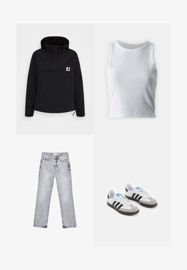 Schwarze Pulloverjacke mit Kapuze und Halb-Reißverschluss-Design. Verfügt über elastische Bündchen, eine Fronttasche und ein kleines Logo-Patch auf der Brust.; Weißes, geripptes Tanktop mit runder Ausschnittform und ärmellosem Design, ausgestattet mit einem geraden Saum und einer glatten, dehnbaren Textur.; Graue Jeans aus Denim mit geradem Bein, mit Used-Effekten, fünf Taschen und kupferfarbenen Nieten. Der Bund verfügt über ein Logoshirt.; Sportschuhe mit einem Obermaterial aus weißem Leder, grauer Wildleder-Zehenkappe und drei schwarzen Streifen. Sie verfügen über ein blaues Logo auf der Zunge und eine strukturierte Gummisohle.