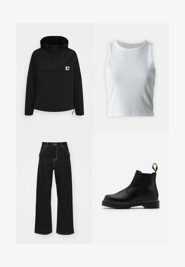 Casaco pullover preto com capuz e design de meio fecho. Apresenta punhos elásticos, um bolso frontal e um pequeno emblema no peito.; Top de alças branco com detalhe de costura, decote redondo e sem mangas, apresentando uma bainha reta e uma textura lisa e elástica.; Calças de ganga largas pretas, com costuras brancas em contraste e fecho frontal com botão, apresentando dois bolsos frontais inclinados.; Botas Chelsea pretas de couro com painéis elásticos laterais, detalhes em costura amarela e solas de borracha texturizadas. Inclui uma alça na parte de trás.