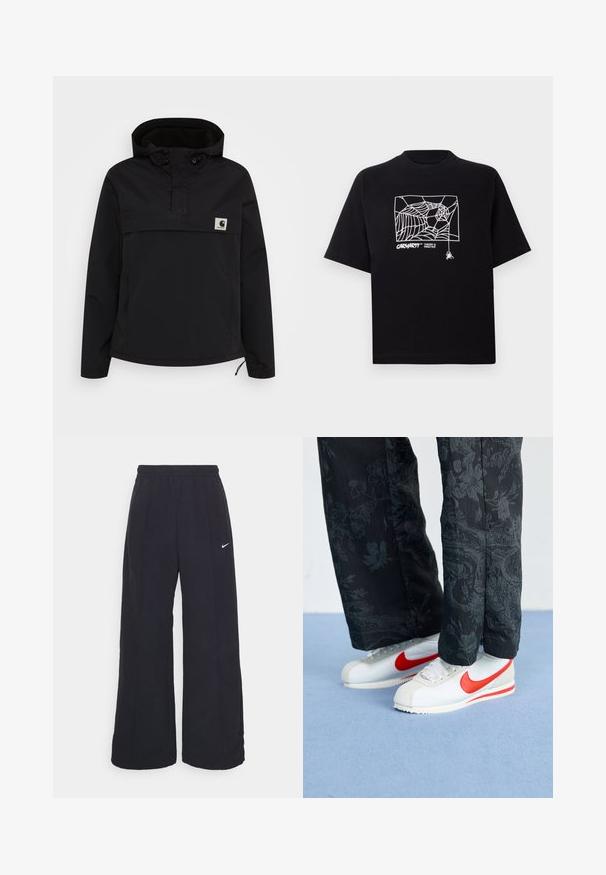Čierna mikina s kapucňou a dizajnom na polovičný zips. Obsahuje elastické manžety, predné vrecko a malú nášivku s logom na hrudi.; Čierne tričko z bavlny s krátkymi rukávmi. Na prednej strane má biely grafický motív pavučiny a logo. Jednoduchý zaoblený výstrih.; Čierne široké nohavice s elastickým pásom a malým bielym logom Nike. Tkanina má hladkú textúru, navrhnutá pre pohodlie a neformálne nosenie.; Biele tenisky Nike s červenými akcentmi, v kombinácii s čiernymi nohavicami s kvetinovým vzorom. Povrch je hladký s plochou pletenou podrážkou.