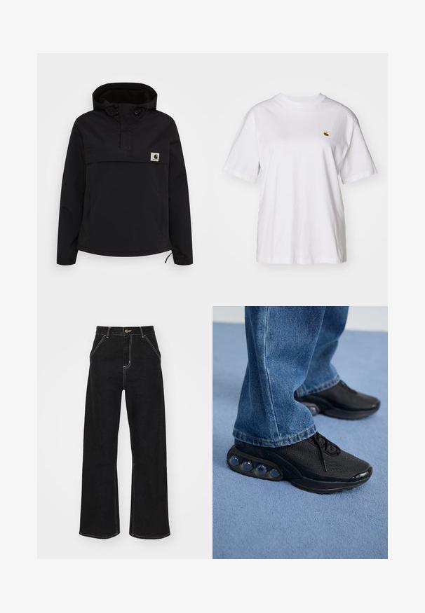 Czarny polarowy jacket z kapturem i półzamkiem. Posiada elastyczne mankiety, kieszeń z przodu oraz małą łatkę z logo na klatce piersiowej.; Biała bawełniana koszulka z luźnym krojem, krótkimi rękawami i małym haftowanym logo po lewej stronie klatki piersiowej.; Czarne dżinsy o szerokich nogawkach, wykonane z denimu, z kontrastowym białym szwem i zapięciem na guzik z przodu, posiadające dwie ukośne kieszenie z przodu.; Czarne sportowe sneakersy z siateczkową cholewką, teksturowanymi akcentami i widocznymi poduszkami powietrznymi w podeszwie. Noszone z niebieskimi dżinsami.