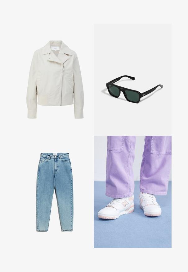 Lichtbeige cropped jack met een brede kraag, asymmetrische rits en zijzakken. Gemaakt van gladde, lichte stof met een matte afwerking.; Lichtgrijze pullovertrui met hoge kraag, geribde manchetten en zoom. Zachte textuur, comfortabele pasvorm en een subtiel breipatroon doorheen.; Lichtblauwe denim jeans met een hoge taille, rechte pijpen en een vervaagde wassing. Bevat een knoopsluiting, riemlussen en klassieke zakken.; Witte sneakers met roze accenten, bovenkant van gestructureerd leer en rubberen zool, gecombineerd met lichtpaarse wijde broek op een blauwe ondergrond.; Zwarte rechthoekige zonnebril met groene lenzen. Gemaakt van plastic met een octagonale vorm en een gladde afwerking. Heeft het Ray-Ban-logo aan de zijkant.