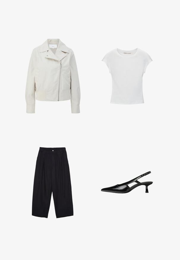 Giacca cropped beige chiaro con ampio colletto, cerniera asimmetrica e tasche laterali. Realizzata in tessuto leggero e morbido con finitura opaca.; T-shirt bianco in cotone con scollatura rotonda, maniche a cappuccio e design aderente. Tessuto liscio senza motivi o decorazioni.; Pantaloni culotte neri in poliestere con una cintura elastica, due pieghe frontali e una silhouette ampia. Nessun motivo visibile o dettagli in metallo.; Tacchi slingback in pelle verniciata nera con punta affusolata, design con tagli laterali e tacco quadrato piccolo. Texture liscia con dettagli minimi.