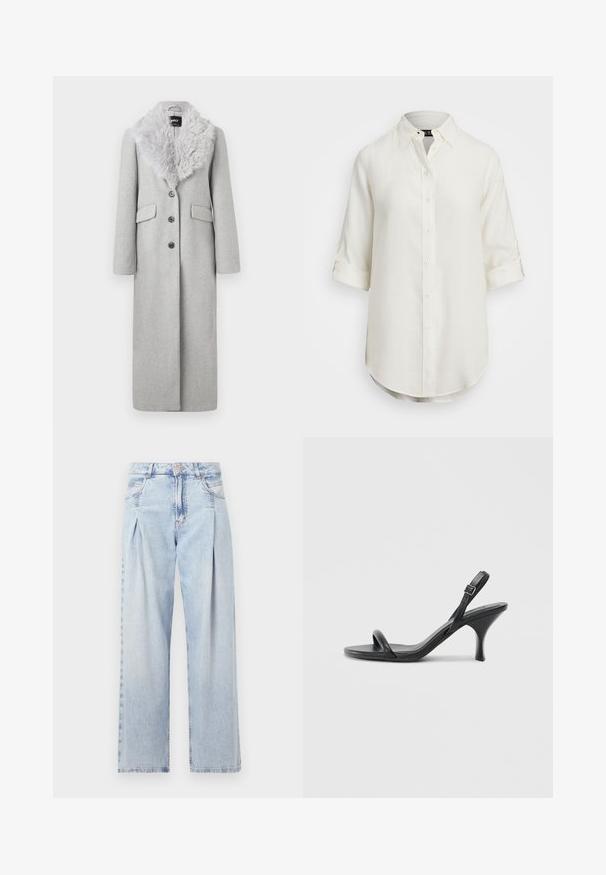 Lang grå ullkåpe med krage i kunstig pels, fire knapper og to sidelommer. Tøyet har en glatt tekstur.; Hvit lin skjorte med knappestolpe, korte oppbrettede ermer, krage og rundet nederkant. Har lyseknapper.; Lyseblå denimjeans med høy livlinje, vide ben, to sidelommer og plisserte detaljer. Myk tekstur med en falmet finish.; Sorte skinnhøye hæler med en slank, buet hæl og et kryssrem-design. Justerbar ankelrem. Glatt tekstur.