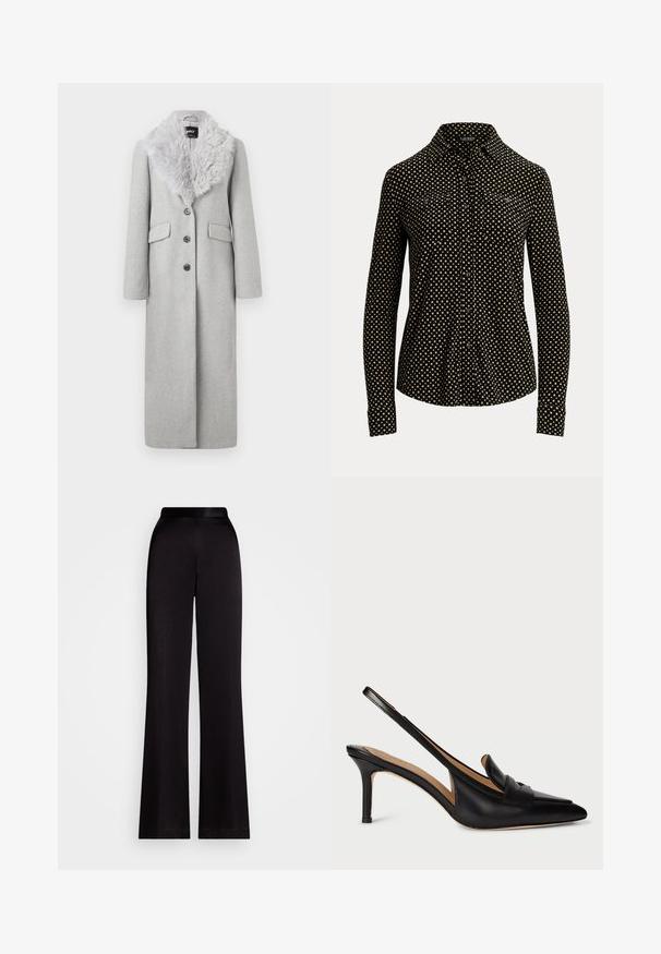 Palton lung din lână gri, cu guler din blană sintetică, patru nasturi și două buzunare laterale. Tesătura are o textură netedă.; Cămașă neagră cu nasturi, cu un model în pătratul alb, mâneci lungi, guler și două buzunare frontale, fabricată dintr-un material moale.; Pantaloni negri evazați, realizați dintr-un material neted, cu un talie înaltă și un design până la gleznă. Fără modele sau accente vizibile.; Pantofii slingback din piele neagră, cu vârful ascuțit, toc mic și curea decorativă peste glezna piciorului. Textură netedă și design minimalist.
