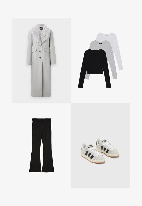 Garšs pelēks vilnas mētelis ar mākslīgā kažoka apkakli, četriem pogām un divām sānu kabatām. Audumam ir gluda tekstūra.; Trīs garām piedurknēm veidotas augšdaļas, sakrautās: melna, pelēka un balta. Katram ir noapaļots kakla izgriezums un īsa dizaina forma ar gludu, vieglu audumu.; Melnas flared leggings, kas izgatavotas no stiepjama auduma. Iezīmējas ar platu jostasvietu un gludu tekstūru, ar pieguļošu siluetu, kas paplašinās pie apakšmalas.; Pelēkas zamšādas kedas ar baltām saites, melnām svītrām un baltu gumijas zoli. Raksturīga apļa logo uz mēles un gumijas zole.