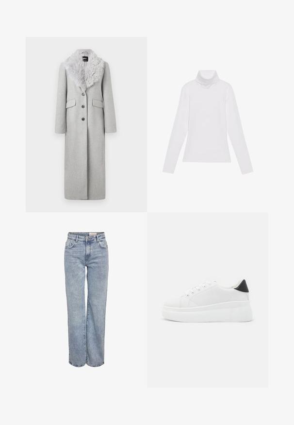 Lange grijze wollen jas met een nepbont kraag, vier knopen en twee zijzakken. De stof heeft een soepele textuur.; Witte lange mouw turtleneck top gemaakt van glad, elastisch materiaal. Voorzien van een hoge kraag en een getailleerd ontwerp, zonder zichtbare patronen of versieringen.; Lichtblauwe wijde jeans gemaakt van denim, met een hoge taille, vijf zakken en subtiele vervaging voor een versleten uitstraling.; Witte platform sneakers van glad synthetisch materiaal, met een afgeronde neus, vetersluiting en een gestructureerde rubberen zool. Zwarte hielaccent.