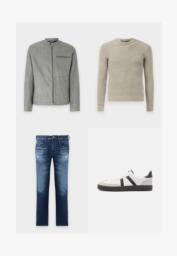 Grau Wildlederjacke mit Stehkragen, Frontreißverschluss und einer mit Reißverschluss versehenen Brusttasche. Bietet eine glatte Textur und eine taillierte Passform.; Beige gestrickter Pullover mit langen Ärmeln, gerippten Bündchen und Saum, Rundhalsausschnitt, strukturiertem Muster, aus weichem Material hergestellt.; Blaue Denim-Jeans mit regulärer Passform, ausgestattet mit einer verwaschenen Optik, leichten Gebrauchsspuren, fünf Taschen und Kontrastnähten. Knopfverschluss am Bund.; Weiße Sneaker mit schwarz- und grau-aczenten, ausgestattet mit einer strukturierten grauen Zehenkappe, schwarzer Gummi-Sohle und flachen weißen Schnürsenkeln. Sauberes Design, minimalistische Stil.