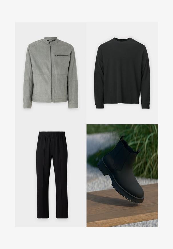 Gray suede jacket with a stand collar, front zipper, and a zippered chest pocket. Features smooth texture and tailored fit.; Long-sleeve black T-shirt made of cotton, featuring a round neckline, loose fit, and ribbed cuffs. Smooth texture with no visible patterns.; Black, elastic-waist trousers with a straight-leg design, featuring a smooth texture and no visible patterns or hardware.; Black ankle boot with a smooth finish, elastic side panels, and a thick, rugged sole. Set against a natural backdrop on a wooden surface.