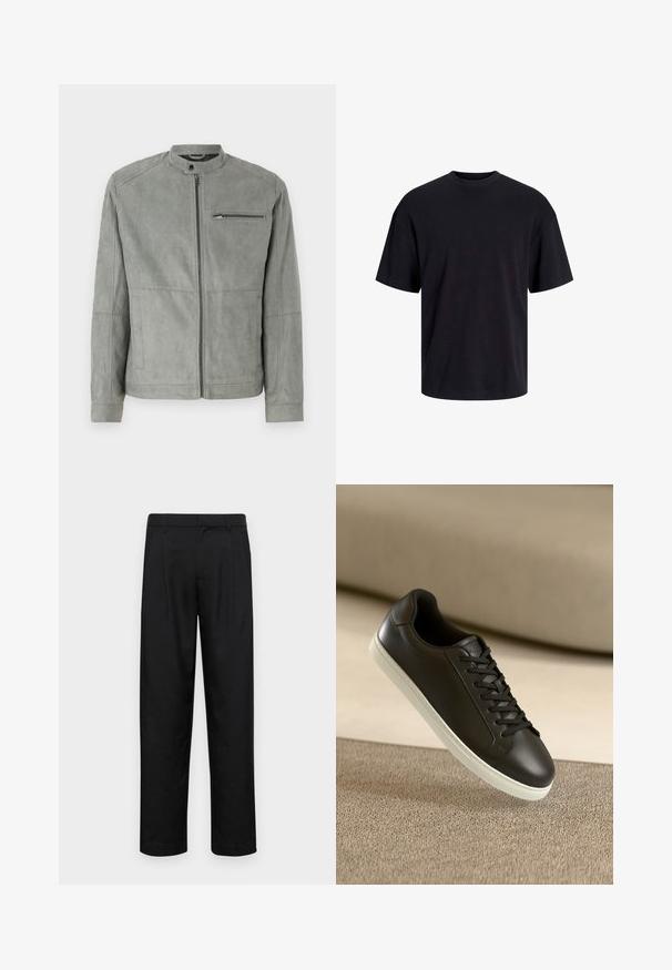 Siva semiš jakna z dvignjenim ovratnikom, sprednjim zadrgo in žepom na prsih z zadrgo. Ima gladko teksturo in prilagojen kroj.; Črna bombažna majica s krojačkom izrezom, kratkimi rokavi in sproščenim krojem. Gladka tekstura in brez vidnih vzorcev ali poudarkov.; Črne hlače iz gladkega materiala, s krojem ravne noge, dvema sprednjima pregiboma in standardnim pasom z zankami za pas.; Črne usnjene superge z belo gumijasto podplatom in črnimi vezalkami, postavljene na bež tkaninsko površino in ozadje.