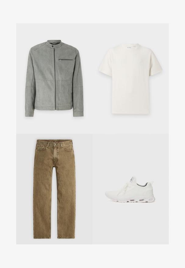 Grijze suède jas met staand kraag, voorrits en een ritsvak op de borst. Heeft een soepele textuur en een getailleerde pasvorm.; Witte korte mouwen T-shirt met ribbelstructuur. Ronde hals, ontspannen pasvorm, geen zichtbare patronen of accenten. Eenvoudig en veelzijdig ontwerp.; Lichtbruine denim jeans met een recht model, vijf zakken en hardware in koperkleur. Getextureerde stof met zichtbare stikdetails.; Witte sportieve schoenen met een gestructureerde gebreide bovenkant, platte veters en een gevoerde zool met zichtbare luchtkamers voor extra ondersteuning.