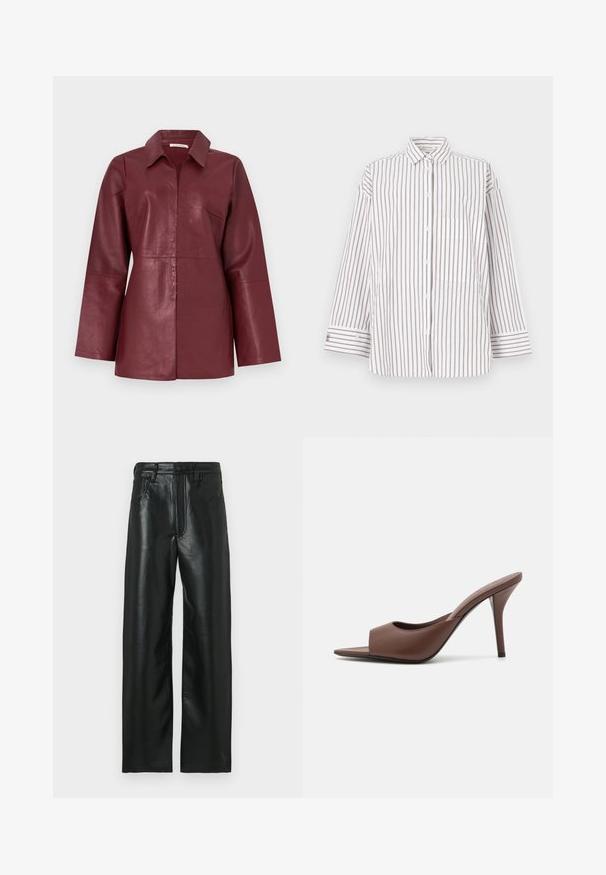 Vinröd långärmad läderjacka med krage och dragkedja fram, skräddarsydd passform och slät textur.; Randig skjorta i lätt tyg med vertikala bruna och vita ränder, krage och bröstficka. Långa ärmar med knäppningsbara manschetter.; Svarta läderbyxor med rak skärning, utrustade med knappstängning, bältesöglor och två framfickor. Slät textur med en lätt glans.; Bruna lädersandaler med öppen tå och hög klack, med en stilren design som har ett brett framrem och en smal stilettklack.