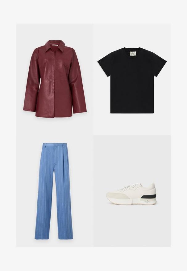 Chaqueta de cuero burdeos de manga larga con cuello y cremallera frontal, ajuste entallado y textura suave.; Camiseta negra de manga corta y cuello redondo con una etiqueta blanca en el interior del cuello que dice "D.R.C. EST. 2002" sobre un fondo blanco.; Pantalones de pierna ancha azul claro con rayas verticales blancas. Hechos de un material suave, con un pliegue frontal y un diseño de cinturilla limpia.; Zapatilla blanca con una puntera de ante texturizado, parte superior de malla suave, cordones decorativos y un acento en el talón de goma negra.