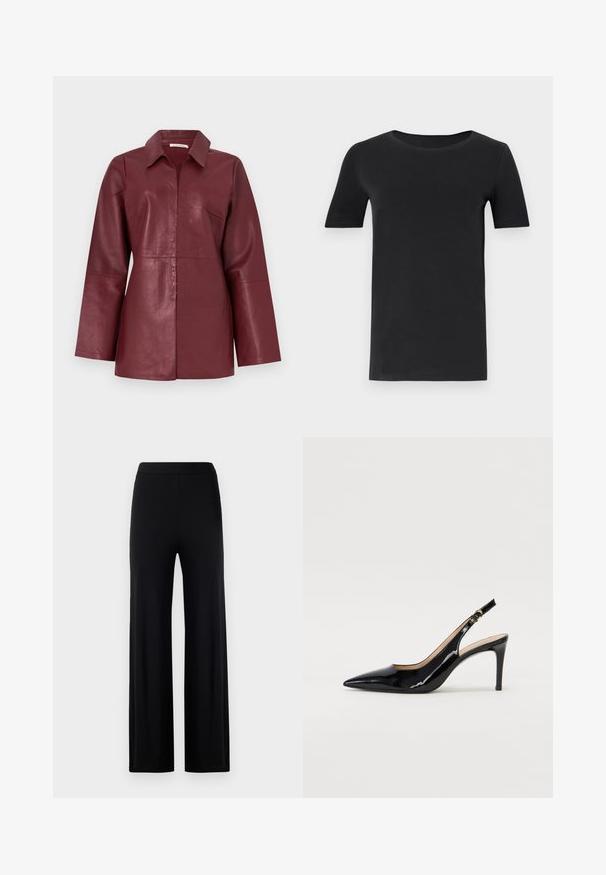 Giacca in pelle bordeaux a maniche lunghe con colletto e cerniera frontale, vestibilità aderente e texture liscia.; T-shirt nera a maniche corte realizzata in cotone morbido, con scollatura rotonda e vestibilità classica. Texture liscia, senza fantasie o decorazioni.; Pantaloni neri a gamba larga realizzati in un tessuto liscio e elastico. Presentano una vita elasticizzata e non hanno chiusure o tasche visibili.; Pumps slingback in pelle verniciata nera con punta affilata, tacco sottile e un design con ritagli delicati. Caratterizzate da una fibbia dorata sul cinturino.