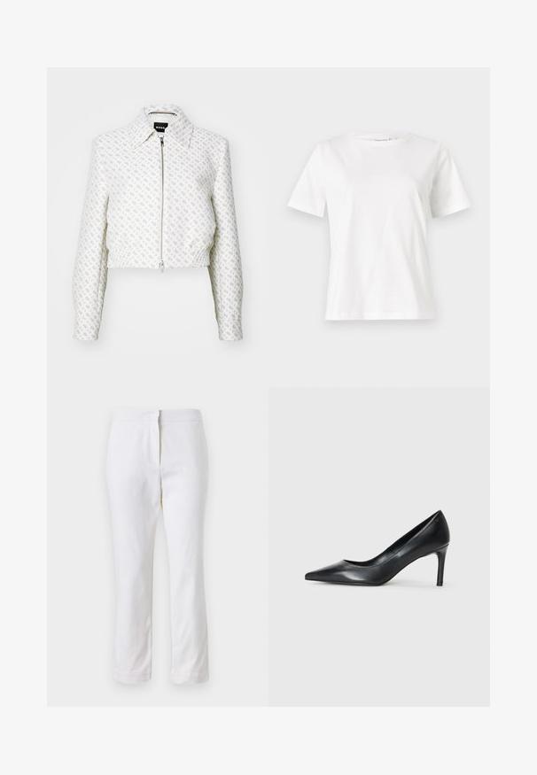 Kratka bijela jakna s teksturiranim uzorkom i prednjim patentnim zatvaračem. Ima ovratnik i elastičnu donju rub, što stvara prilagođeni siluet.; Bijela pamučna majica s kratkim rukavima, okruglim izrezom i opuštenim krojem. Glatka tekstura, bez uzoraka ili akcenata, minimalistički dizajn.; Bijele pamučne hlače ravnog kroja, sa strukom srednje visine i bez vidljivih metalnih dijelova ili uzoraka. Glatka tekstura kroz cijelu dužinu.; Crne kožne cipele s šiljatim vrhom i tankim potplatom, glatke teksture, bez vidljivih ukrasa. Čist dizajn s minimalističkom estetikom.