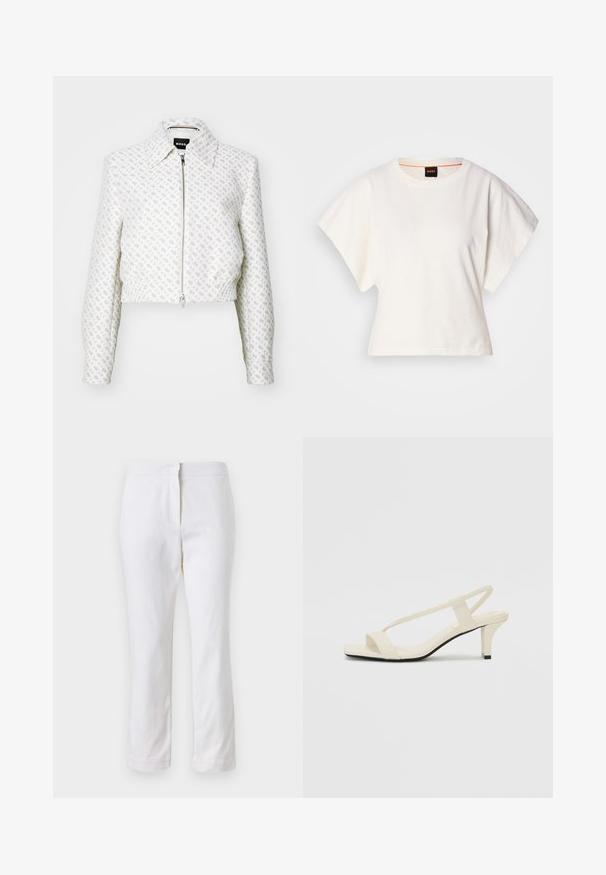 Cropped white jacket with a textured pattern and a front zipper. Features a collar and elasticized hem, creating a fitted silhouette.; White cropped T-shirt, short wide sleeves, soft cotton material, round neckline with subtle orange trim, minimal design, no patterns or graphics.; White cotton pants with a straight leg design, featuring a mid-rise waist and no visible hardware or patterns. Smooth texture throughout.; Beige block-heeled sandals with thin straps and a square toe. Smooth material with minimal detailing, designed for easy wear.