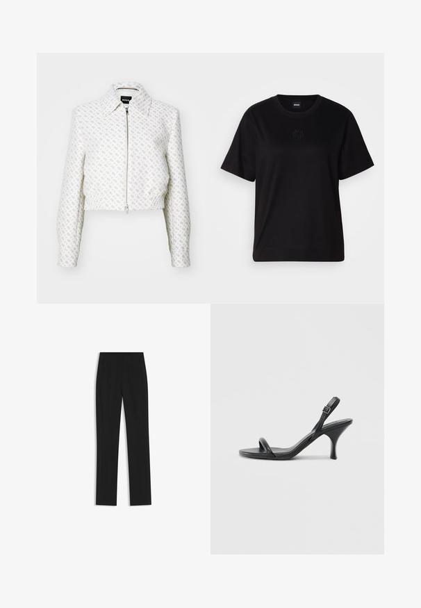 Cropped white jacket with a textured pattern and a front zipper. Features a collar and elasticized hem, creating a fitted silhouette.; Black cotton t-shirt with a crew neckline, short sleeves, and an embroidered logo on the chest. Simple, relaxed fit with no patterns.; Black tailored trousers with a straight-leg design, featuring front pockets and a smooth, textured fabric. Neat, minimal detailing.; Black leather high-heeled sandals with a slim, curved heel and a crossed strap design. Adjustable ankle strap. Smooth texture.