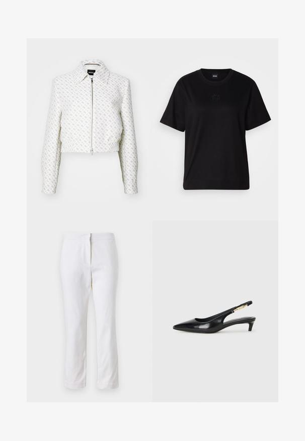 Kratka bijela jakna s teksturiranim uzorkom i prednjim patentnim zatvaračem. Ima ovratnik i elastičnu donju rub, što stvara prilagođeni siluet.; Crna pamučna majica s okruglim izrezom, kratkim rukavima i izvezenim logotipom na prsima. Jednostavan, opušten kroj bez uzorka.; Bijele pamučne hlače ravnog kroja, sa strukom srednje visine i bez vidljivih metalnih dijelova ili uzoraka. Glatka tekstura kroz cijelu dužinu.; Crne kožne sandale s petom, s izduženim vrhom, imaju usku petu i zlatni akcent na podesivoj traci. Glatka tekstura.