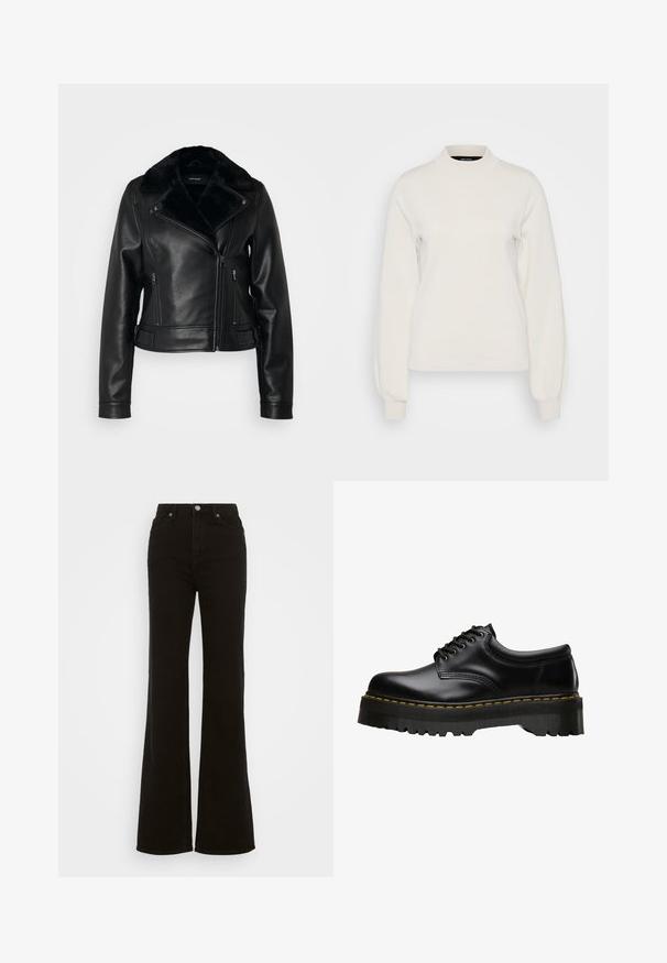 Vero Moda Tall VMHAILEY JACKET - Kunstnahast jakk - black; Vero Moda Tall VMMERCURY HIGHNECK  - Džemper - birch; Kõrge talje ja mustad laiad teksad, mis on valmistatud denimist, neil on nupuga sulgur, küljetaskud ja sile tekstuur.; Mustan nahast lace-up kingad, millel on paks, sakiline must kummitald ja kollane õmblus ääres, millel on sile viimistlus.