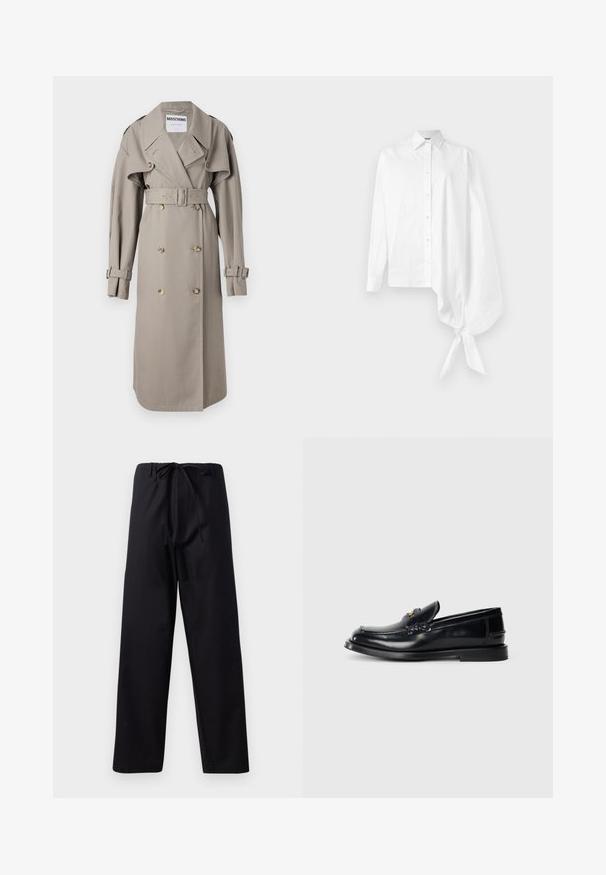 Bež trench plašč iz lahkega materiala, z dvojno zapenjajočim sprednjim delom, širokim ovratnikom, pasom z zanko in manšetami s tabom. Gumbki v zlatem tonu.; Bela dolga srajca sButtons s asimetrično oversized zbrano rokavom, vezanim na zapestju na desni strani.; Črne hlače srednje teže s vrvico v pasu, ravne noge in brez vidnih vzorcev ali detajlov. Gladka tekstura.; Črne usnjene loafer čevlje z izvišeno zasnovo, majhno sprednjo loputo in ravnim gumijastim podplatom. Gladka tekstura z zlatim kovinskim poudarkom.