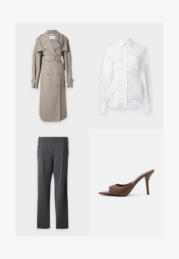 Bežs tranšejas mētelis no viegla auduma, ar dubultu pogu rindojumu priekšpusē, plašu apkakli, jostasvietu ar jostu un piedurknēm ar cilpām. Zelta tonis pogām.; Balta pogājama krekla ar garām piedurknēm, ar savilkta tekstūra priekšpusē, maziem zelta pogām un standarta apkakli.; Pelēki pielāgoti bikses ar taisnu kāju dizainu, priekšējiem piegriezumiem un dekoratīvām sānu pogām papildu detaļām. Gluda auduma tekstūra.; Brūni ādas atvērtas pirksta augstpapēžu čības ar elegantu dizainu, kas iezīmējas ar plašu priekšējo siksniņu un slaidu stiletto papēdi.